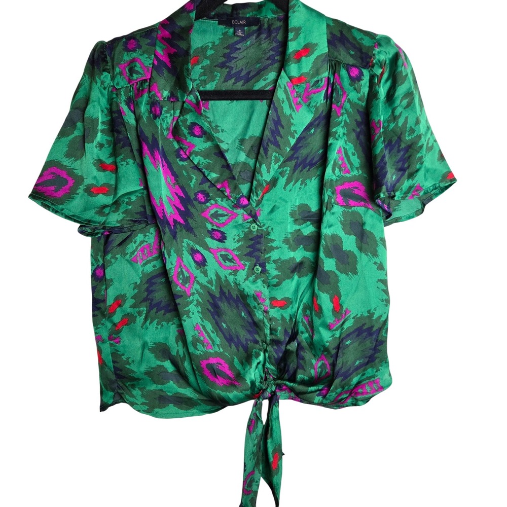 Eclair Satin Tie Front Blouse Abstract Ikat Y2K vibes Short Sleeve Statement